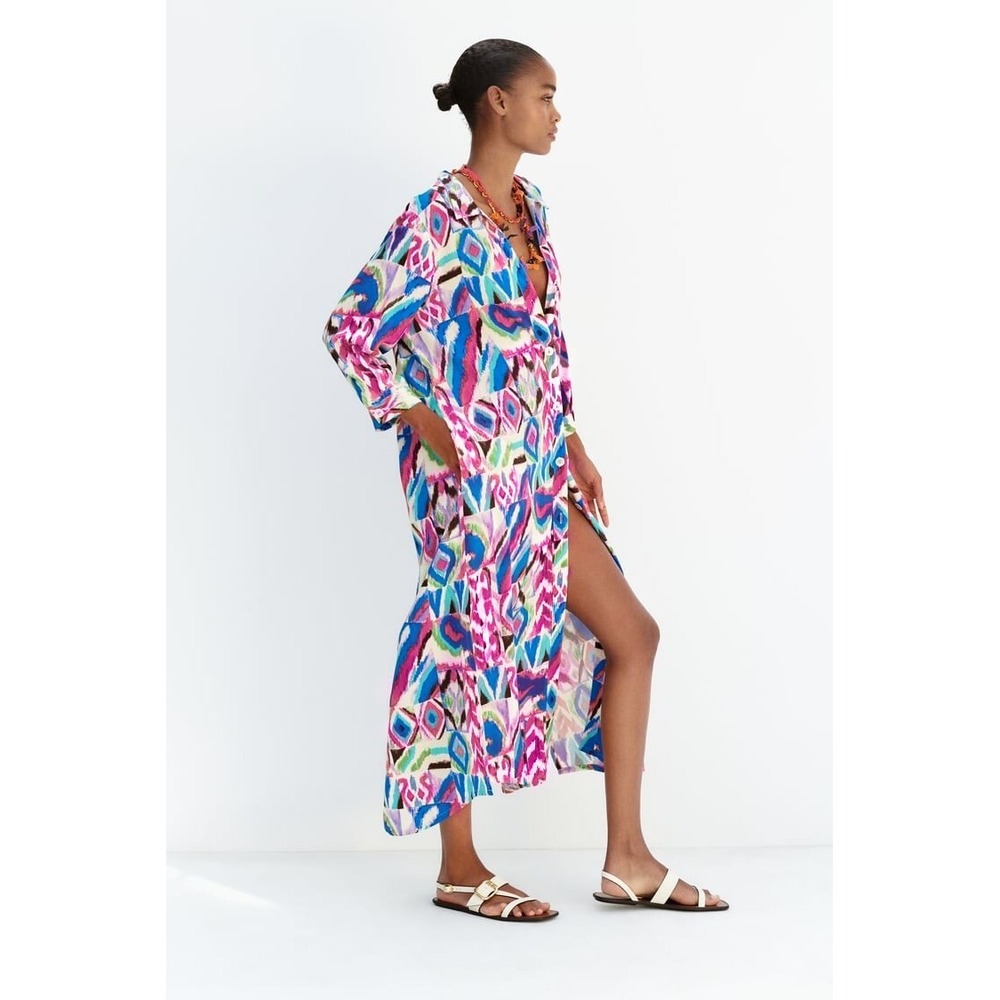 Zara 3/4 Sleeve Bright Boho Ikat Multicolor Midi Shirt Dress Womens Size Small